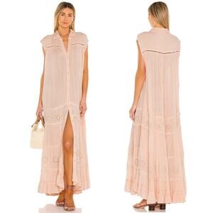 Free People Pretty Cozy Maxi Dress Beige Pink Tiered Boho Women's Size XS
